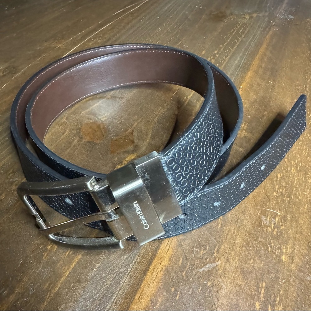 Calvin Klein Black Monogrammed Faux Leather Belt with Silver Buckle